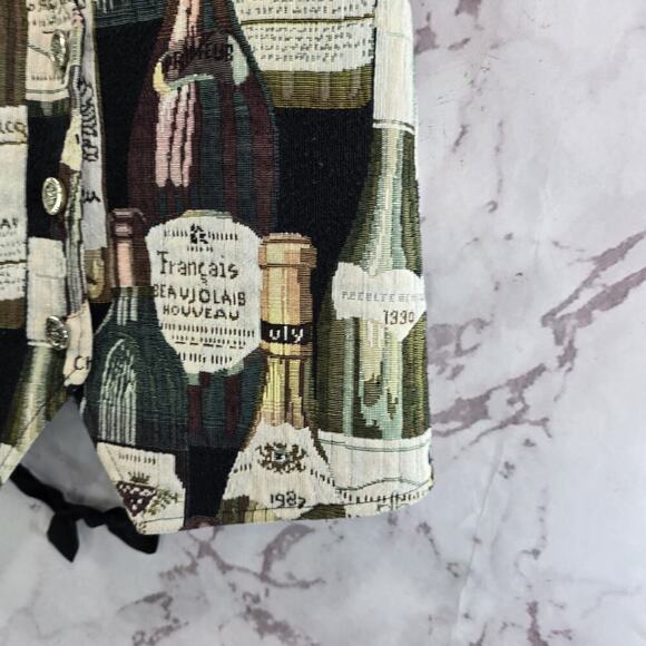 Vintage Tapestry Vest Womens Medium Wine Bottles Black Woven 90s 80s Carpet - Picture 3 of 10
